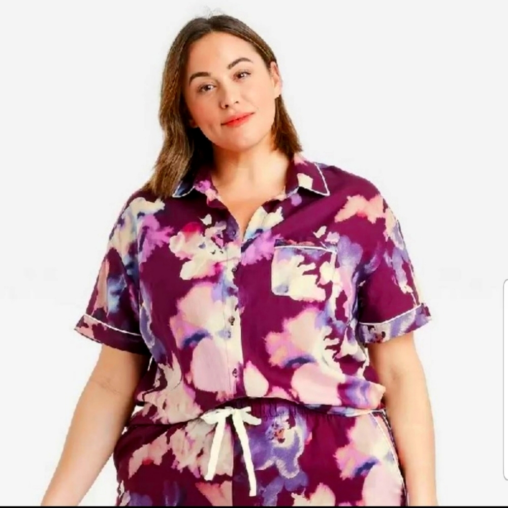 Purple Floral Short Sleeve Button Up Shirt